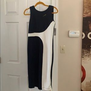 Navy blue and white sleeveless dress